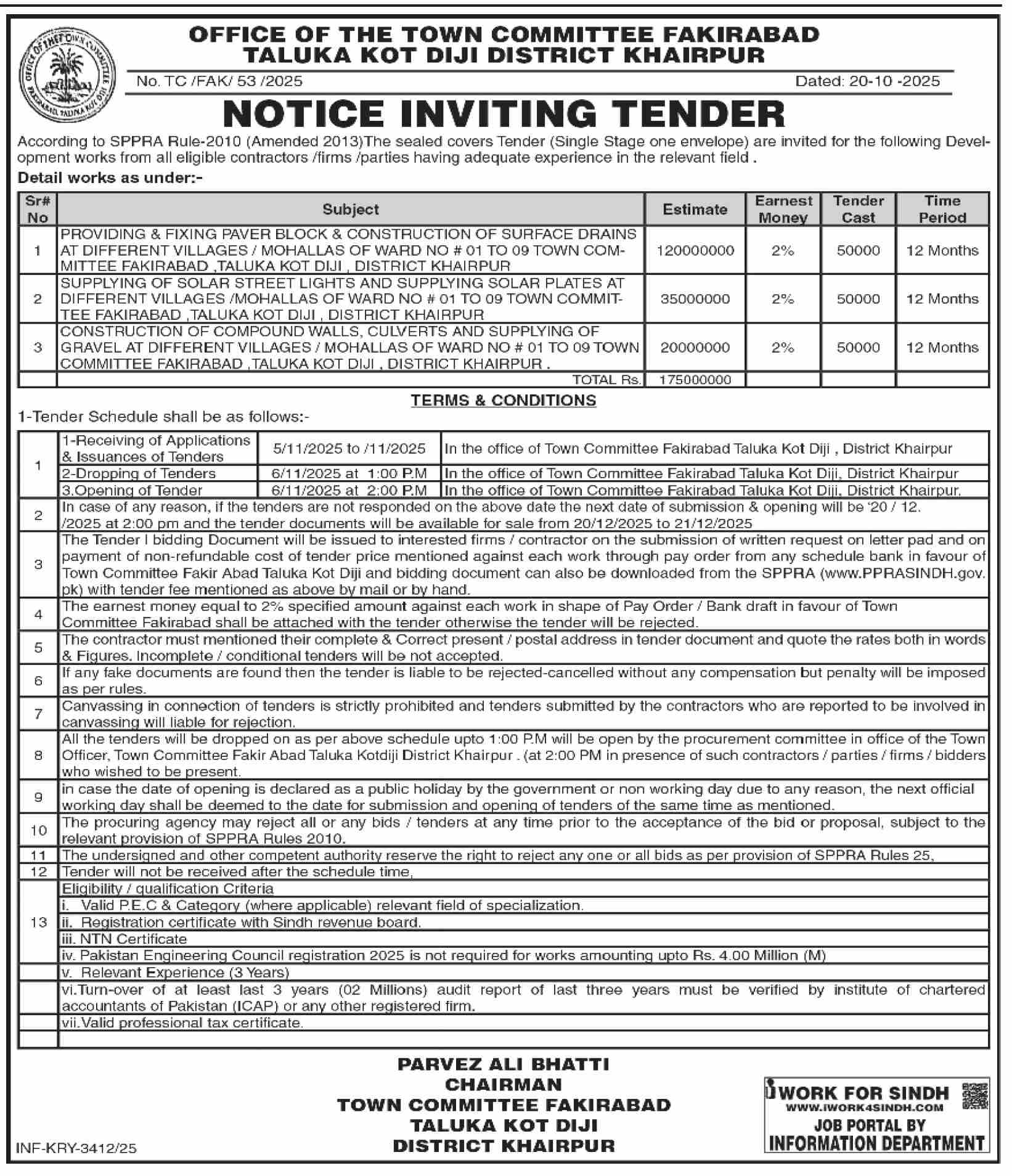 Town Committee Khairpur Tender Notice